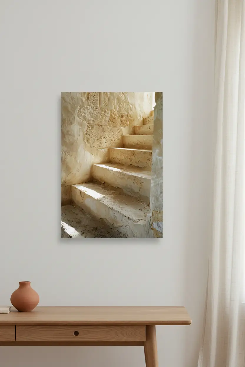 Les Marches de Pierre — Affiche murale minimaliste escalier calcaire brut texture érosion architecture, affiche murale minimaliste avec cadre bois, décoration murale salon ou chambre, style méditerranéen