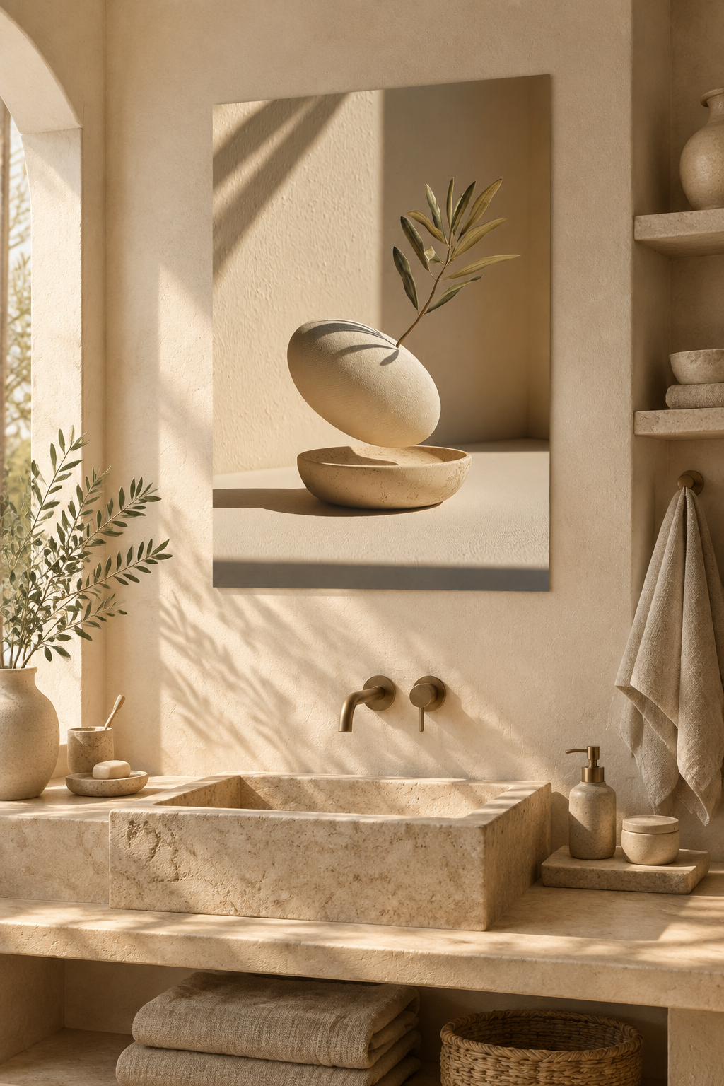 Poster The Hollow and the Branch — hollowed pebble holding a sprig, in a bathroom, above a stone basin