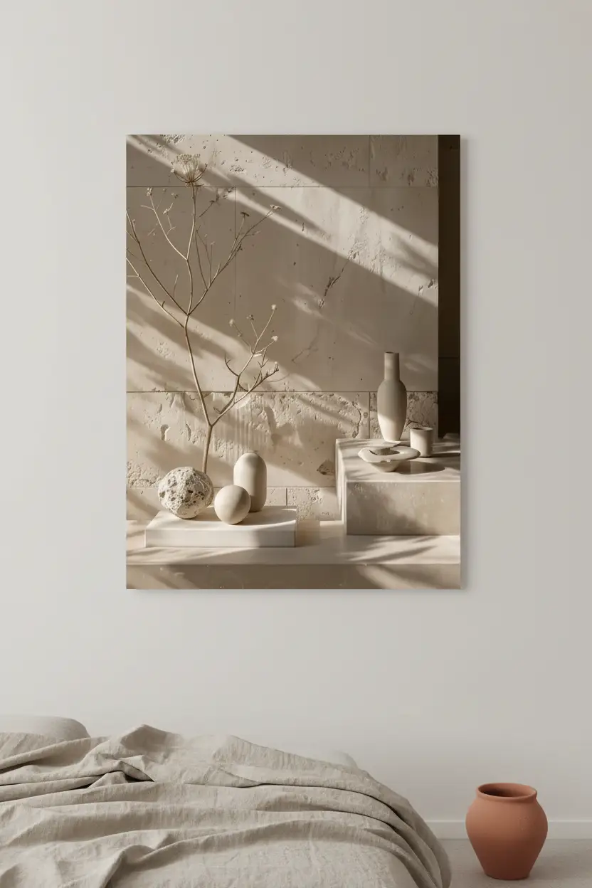 La Composition du Soir — Affiche murale minimaliste travertin sphères céramiques végétal minéral, affiche murale minimaliste avec cadre bois, décoration murale salon ou chambre, style méditerranéen