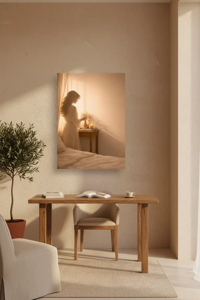Le Rituel des Fleurs — Affiche murale minimaliste lumière dorée chambre, affiche murale minimaliste avec cadre bois, décoration murale salon ou chambre, style méditerranéen