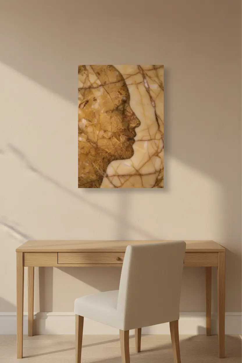 L'Âme de Marbre — Minimalist väggaffisch bärnstensfärgad abstrakt ansikte