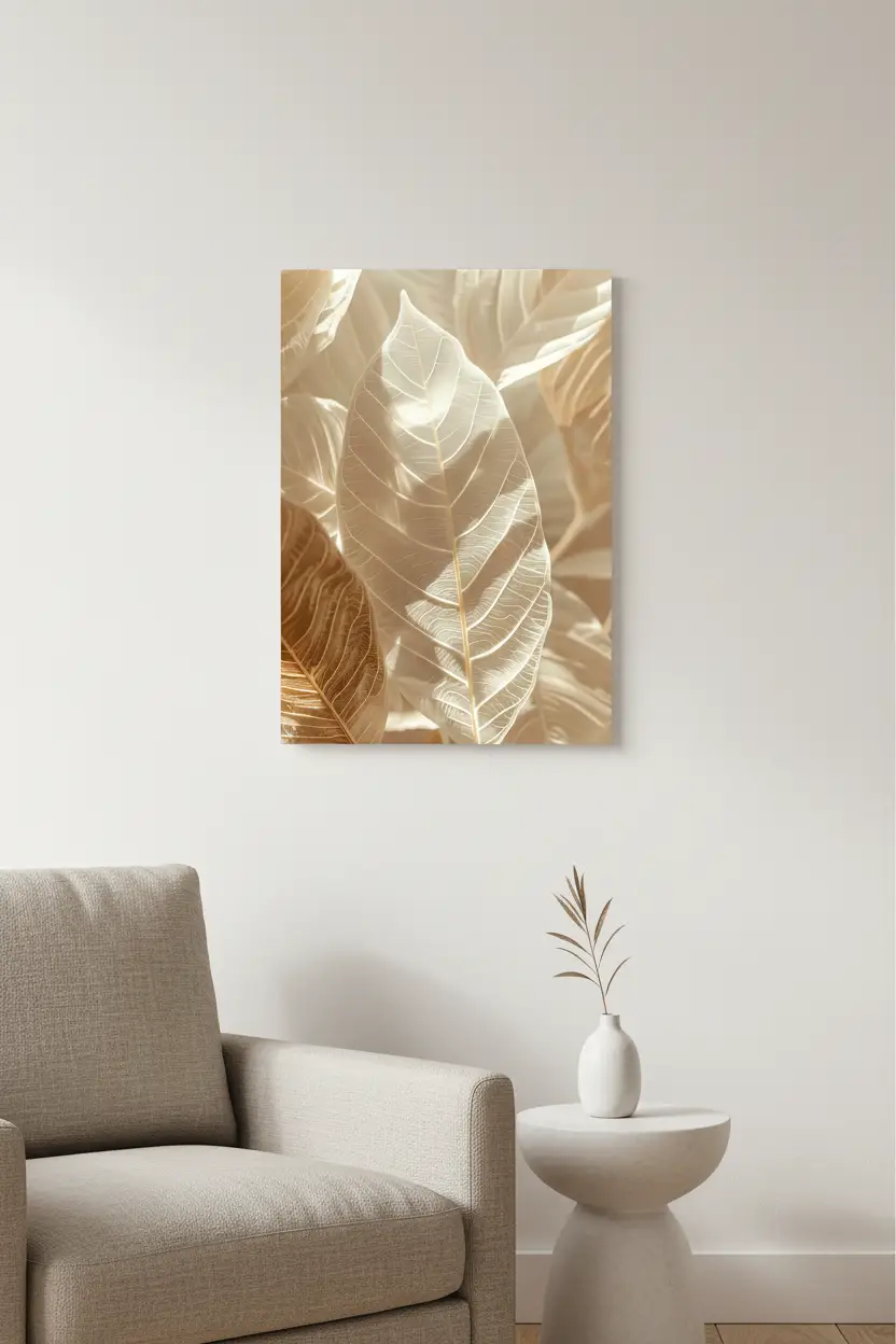 Der Wald des Lichts – Minimalistisches Wandbild Elfenbein Gold Blätter
