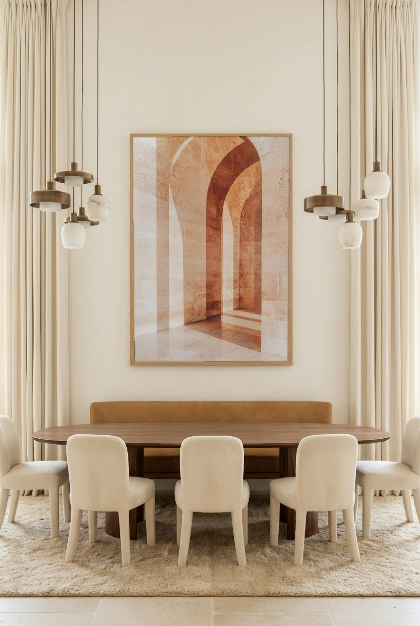 Le Passage Terracotta — affiche en cadre chêne dans une salle à manger