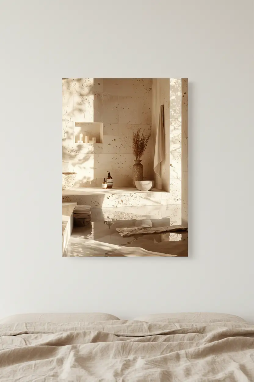 Le Hammam de Travertin — Affiche murale minimaliste salle de bain travertin eau ombres feuillage architecture, affiche murale minimaliste avec cadre bois, décoration murale salon ou chambre, style méditerranéen