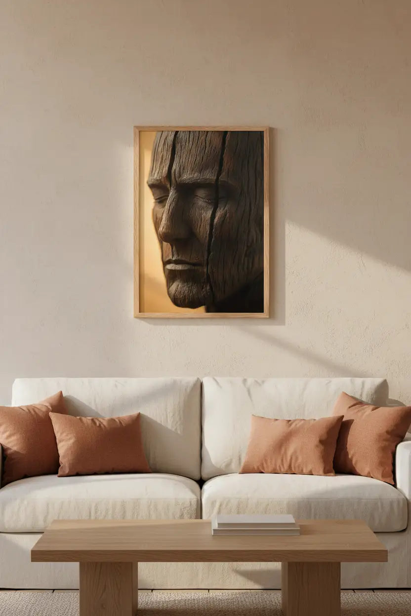 Bois Dormant — Affiche murale minimaliste brun et beige visage abstrait et texture minérale — affiche murale minimaliste | Cassili-home