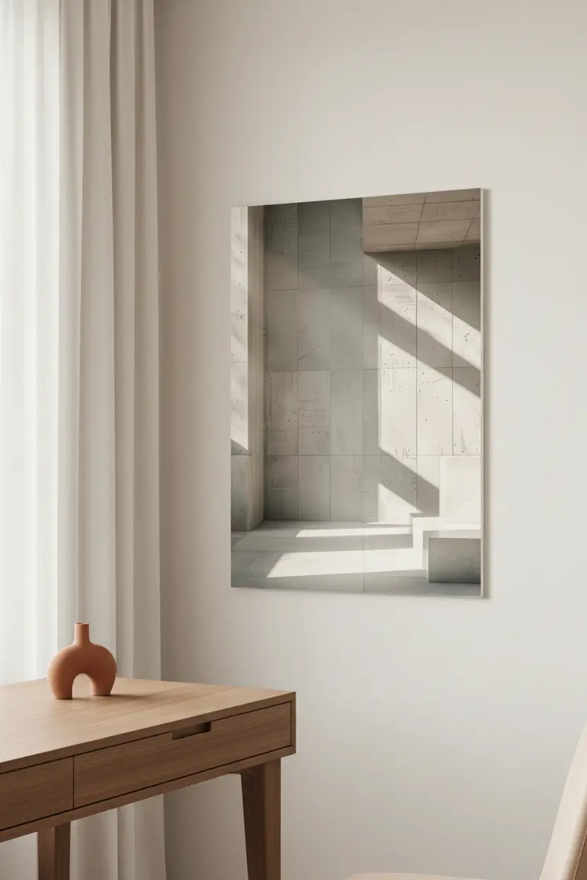 L’Angle de Béton — Affiche murale minimaliste béton brutaliste ombres géométriques architecture, affiche murale minimaliste avec cadre bois, décoration murale salon ou chambre, style méditerranéen