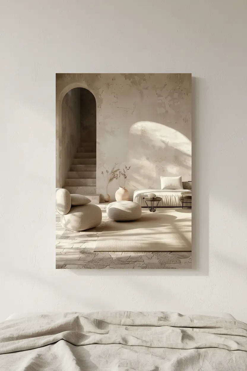 Le Salon de l’Arche — Affiche murale minimaliste salon méditerranéen arche escalier galets sculptés ombres architecture, affiche murale minimaliste avec cadre bois, décoration murale salon ou chambre, style méditerranéen