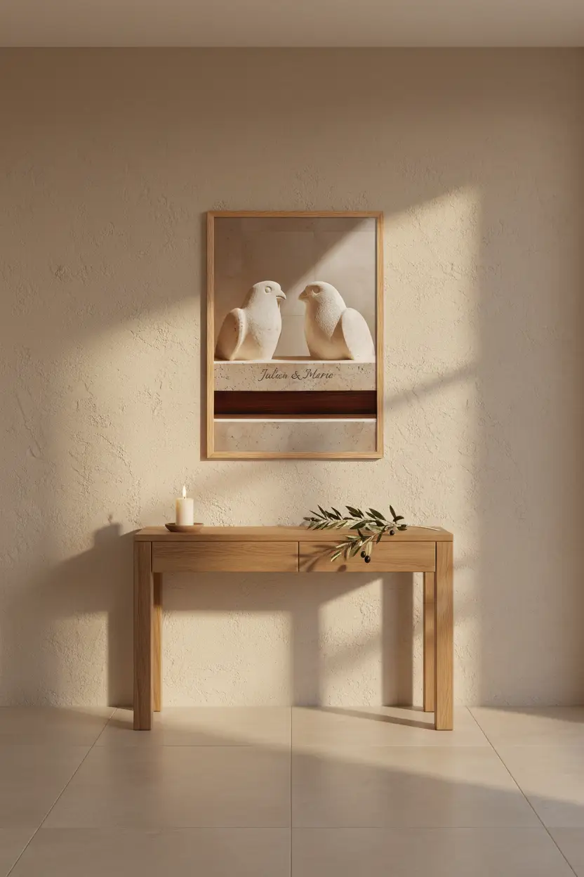 Les Tourterelles — Affiche murale personnalisable pierre méditerranéenne, affiche murale minimaliste avec cadre bois, décoration murale salon ou chambre, style méditerranéen