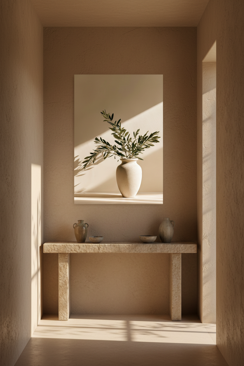 Affiche La Lame de Lumière encadrée chêne dans une salle à manger méditerranéenne — vase ivoire et branches d'olivier sous une diagonale de soleil