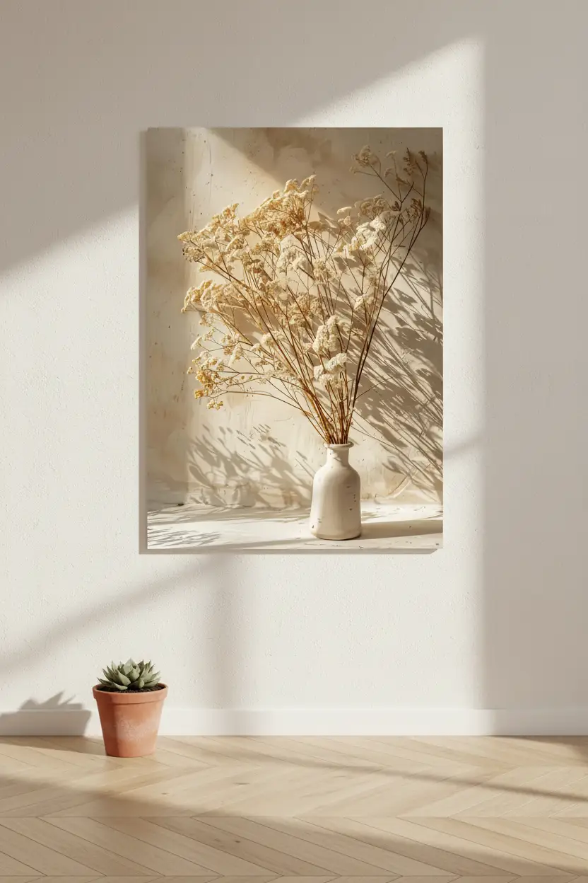 Le Bouquet d’Ivoire — Affiche murale minimaliste fleurs séchées ivoire vase céramique végétal, affiche murale minimaliste avec cadre bois, décoration murale salon ou chambre, style méditerranéen