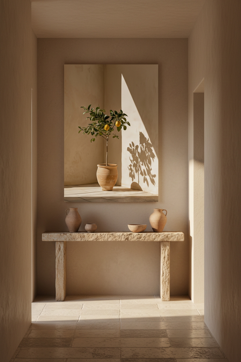 Affiche Le Citronnier de Terre Cuite encadrée chêne dans une salle à manger méditerranéenne — citronnier en jarre de terre cuite dans l'angle d'un mur ocre