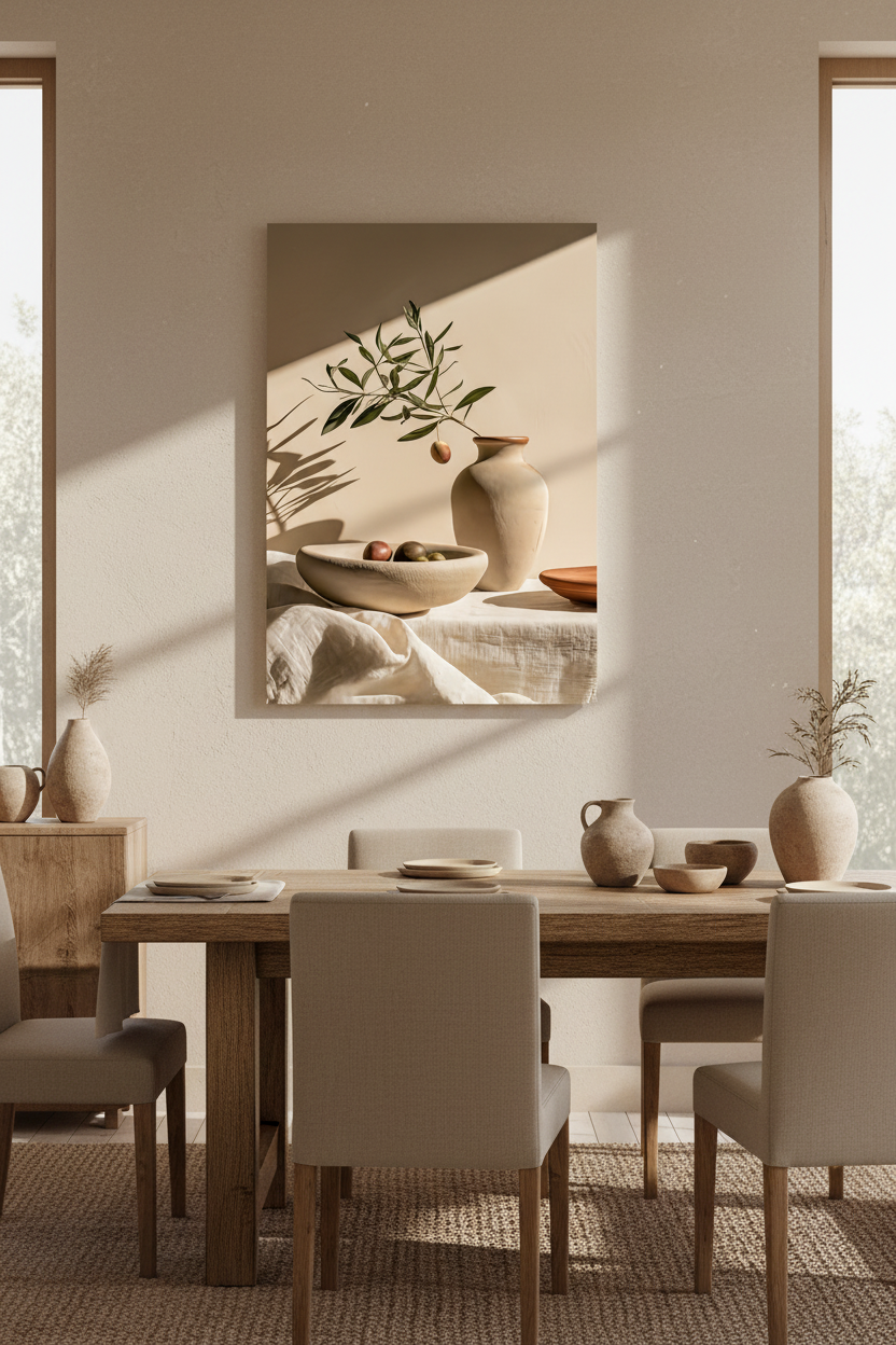 Affiche La Table aux Olives encadrée chêne dans une salle à manger méditerranéenne — bol d'olives, lin froissé et vase de terre cuite