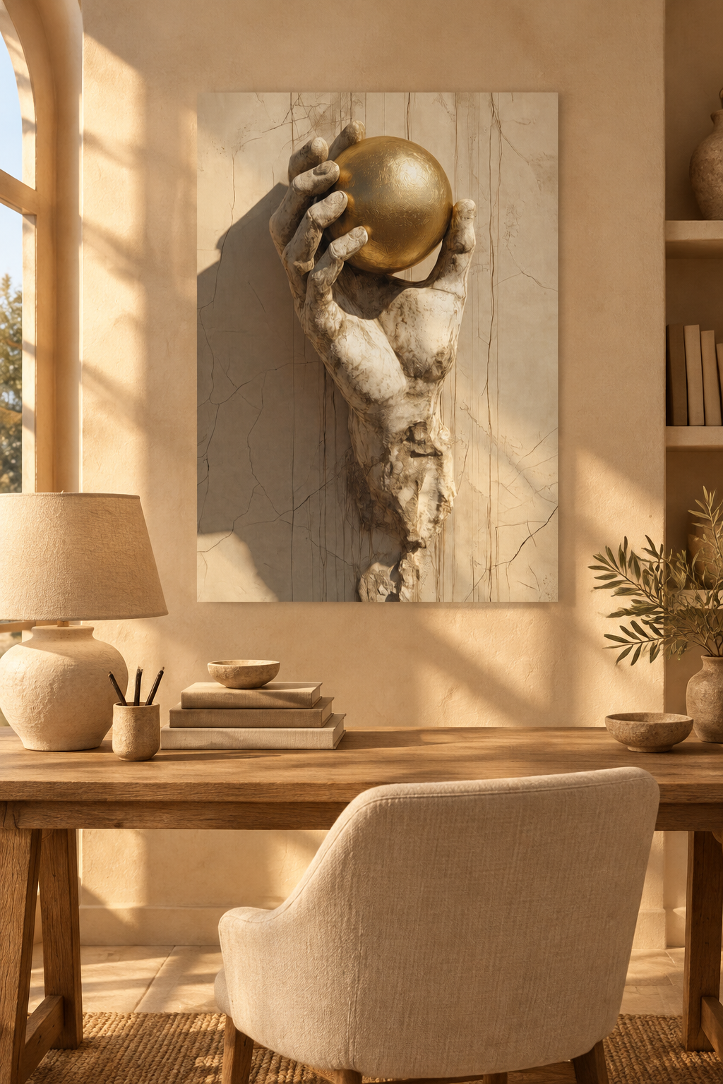 Poster The Held Orb — golden orb held by a hand of stone, above a wooden desk with a ceramic lamp