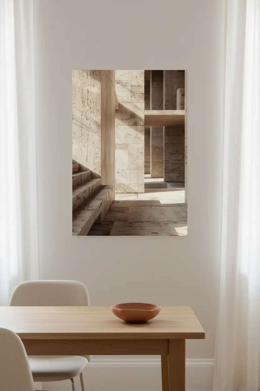 La Galerie de Pierre — Affiche murale minimaliste travertin piliers galerie escalier architecture, affiche murale minimaliste avec cadre bois, décoration murale salon ou chambre, style méditerranéen