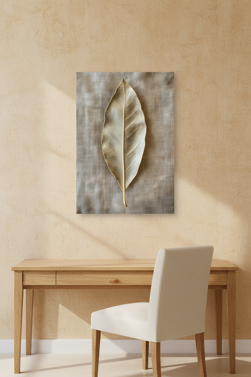 The Bay Leaf poster in a Mediterranean entryway — ivory and gold dried leaf