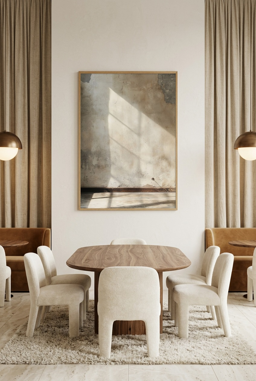Le Mur et la Lumière — poster com moldura de carvalho numa sala de jantar