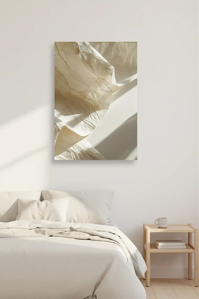 Le Papier Froissé — Affiche murale minimaliste macro texture papier japonais washi ivoire abstrait, affiche murale minimaliste avec cadre bois, décoration murale salon ou chambre, style méditerranéen