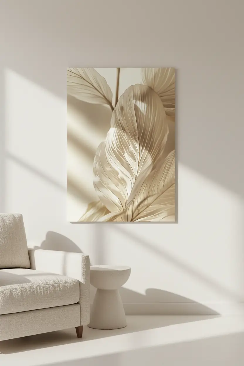 La Feuille Sculptée — Affiche murale minimaliste ivoire feuille ondulée texture sculptée, affiche murale minimaliste avec cadre bois, décoration murale salon ou chambre, style méditerranéen