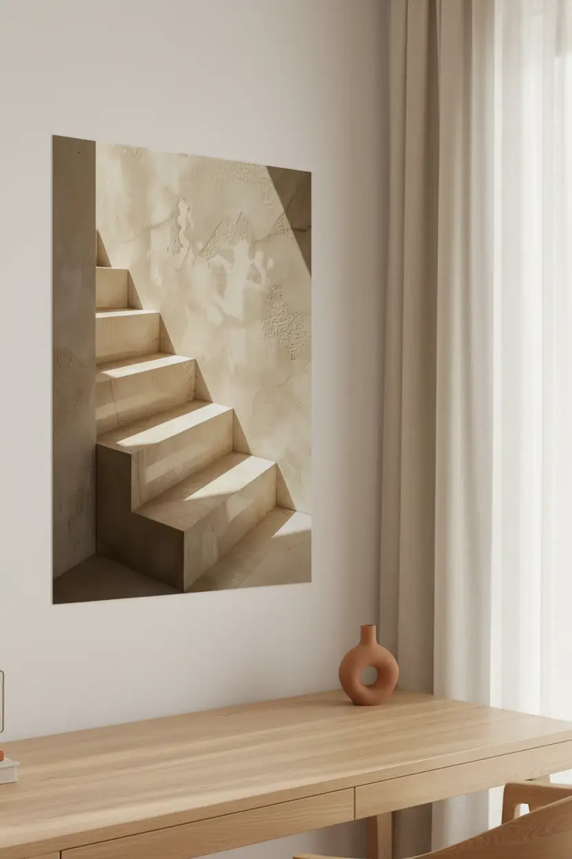 L’Escalier de Nacre — Affiche murale minimaliste escalier tadelakt ivoire lumière architecture, affiche murale minimaliste avec cadre bois, décoration murale salon ou chambre, style méditerranéen