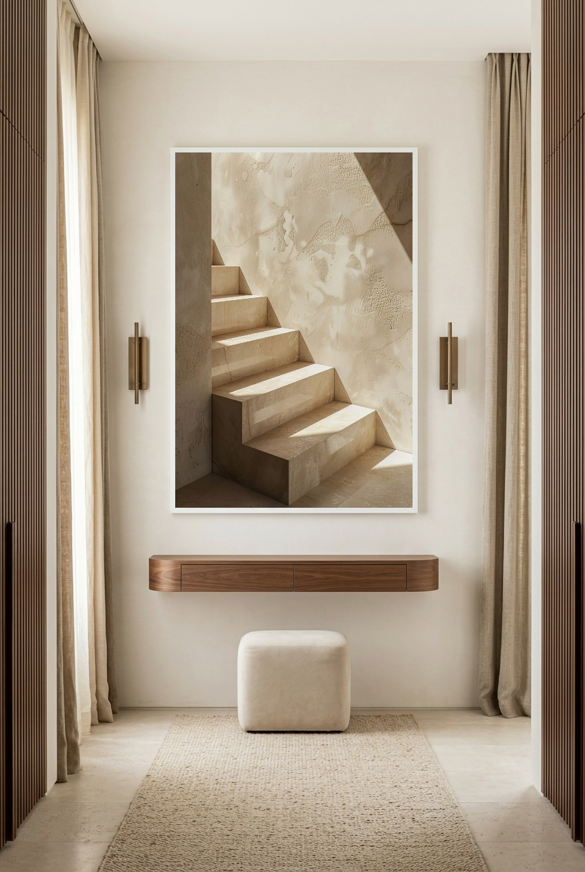 L’Escalier de Nacre — affisch i vit ram i en hall