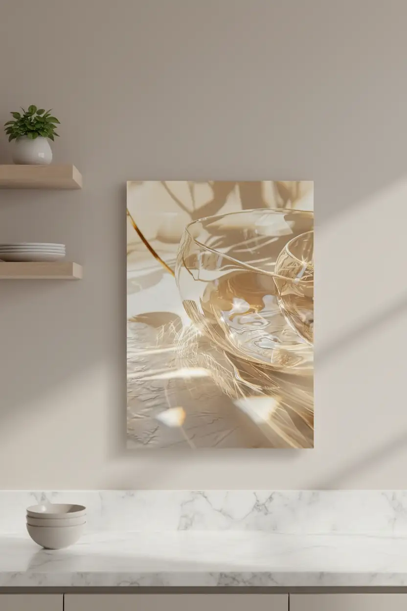 Le Prisme — Affiche murale minimaliste ivoire verre reflets prismatiques lumière, affiche murale minimaliste avec cadre bois, décoration murale salon ou chambre, style méditerranéen
