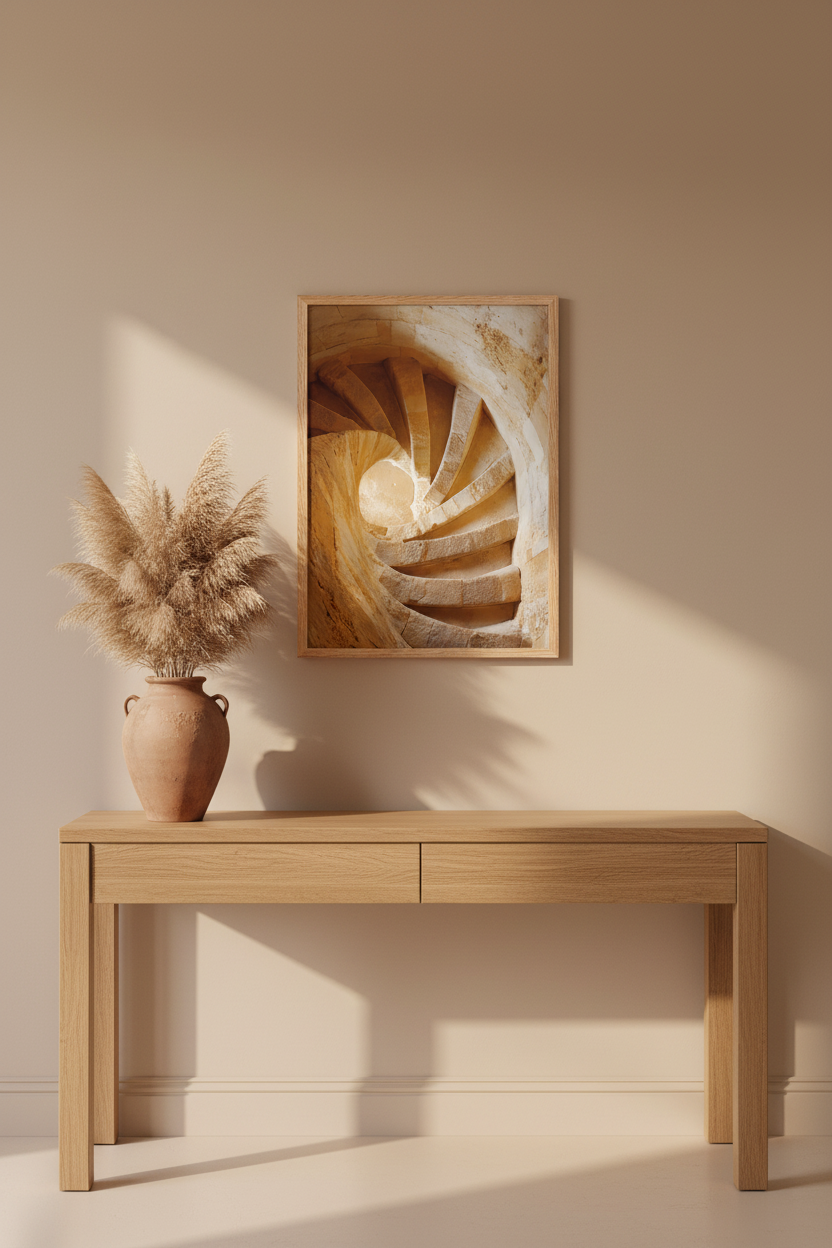 Spirale de Pierre — Affiche murale minimaliste beige et doré architecture méditerranéenne — affiche murale minimaliste | Cassili-home