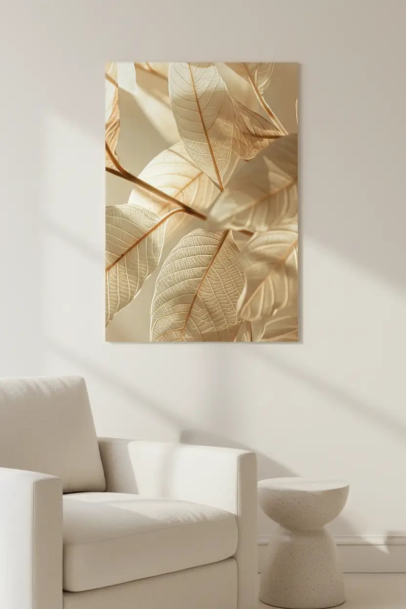 L’Or des Feuilles — Affiche murale minimaliste champagne doré feuilles nervures relief, affiche murale minimaliste avec cadre bois, décoration murale salon ou chambre, style méditerranéen