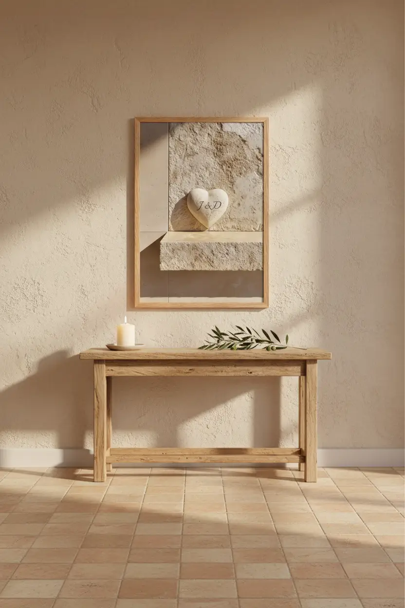 Le Cœur de Pierre — Affiche murale personnalisable pierre méditerranéenne, affiche murale minimaliste avec cadre bois, décoration murale salon ou chambre, style méditerranéen