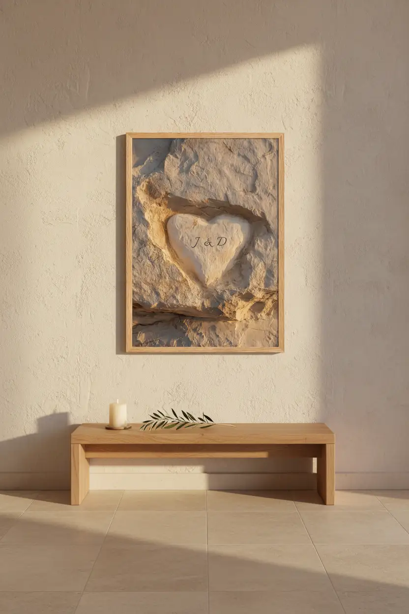 Le Cœur dans la Roche — Affiche murale personnalisable pierre méditerranéenne, affiche murale minimaliste avec cadre bois, décoration murale salon ou chambre, style méditerranéen