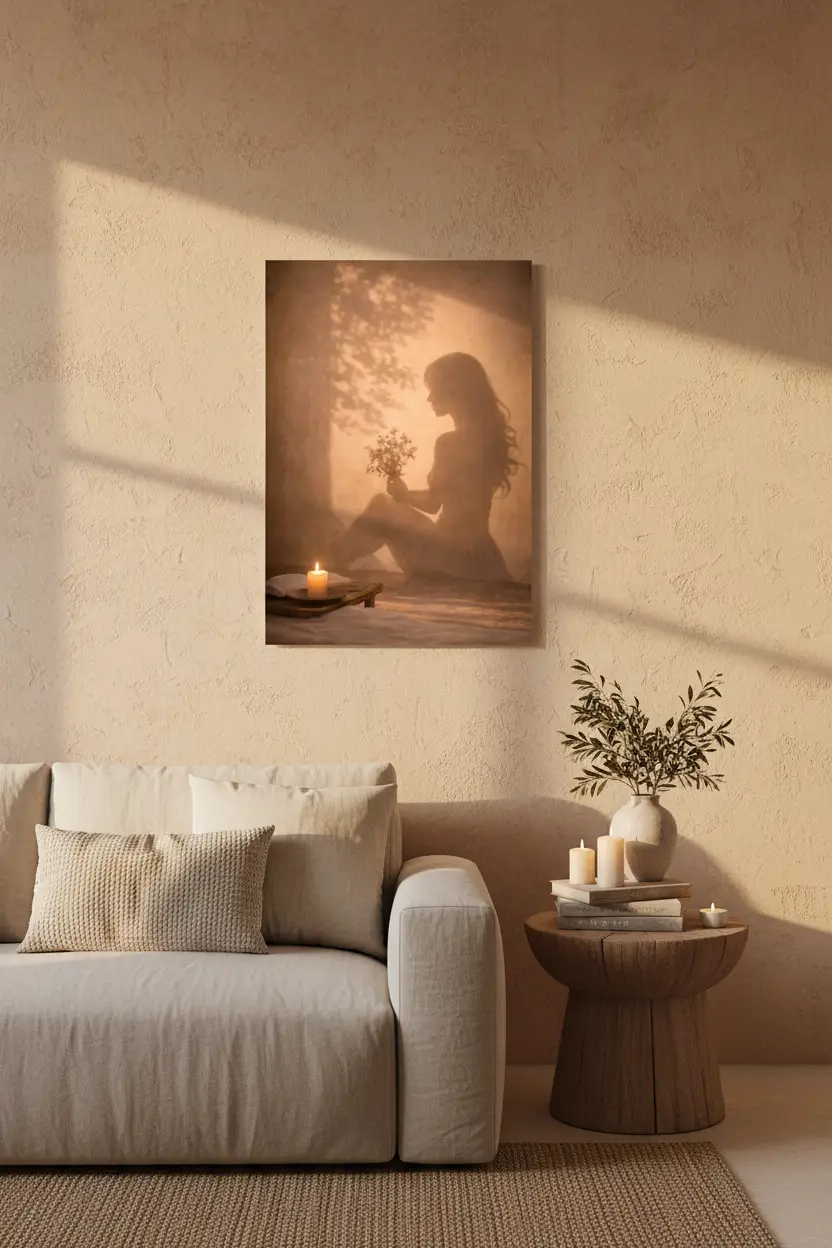 L’Offrande — Affiche murale minimaliste silhouette féminine lumière dorée, affiche murale minimaliste avec cadre bois, décoration murale salon ou chambre, style méditerranéen