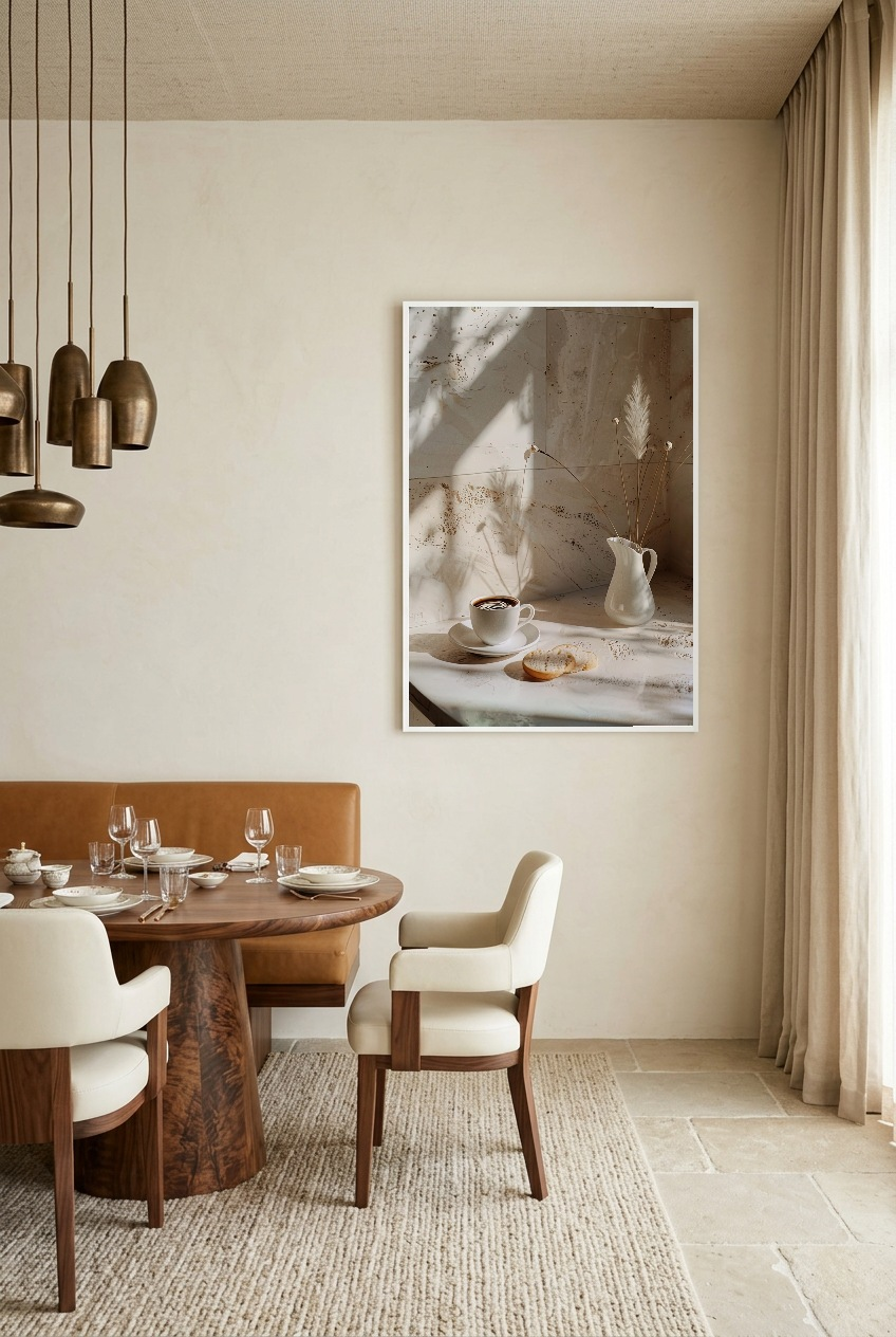 Le Matin Travertin — poster in a white frame in a dining room