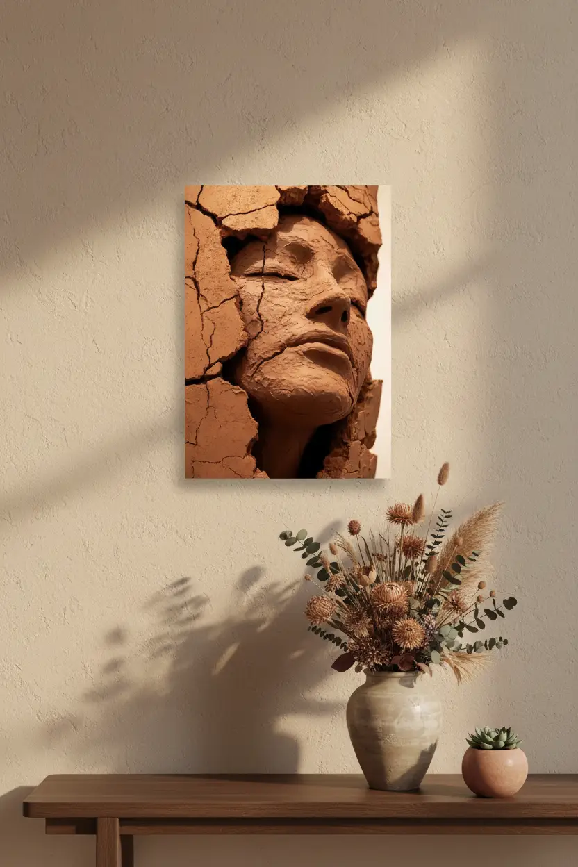 La Femme de Terre — Affiche murale minimaliste terracotta brun visage féminin argile abstrait — affiche murale minimaliste | Cassili-home