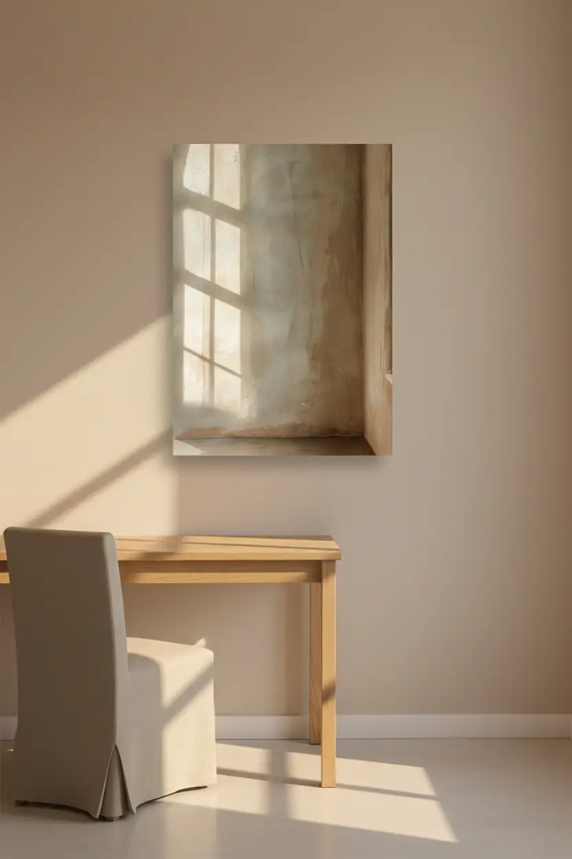 Le Coin de Lumière — Affiche murale minimaliste angle pièce ombre fenêtre béton ciré, affiche murale minimaliste avec cadre bois, décoration murale salon ou chambre, style méditerranéen