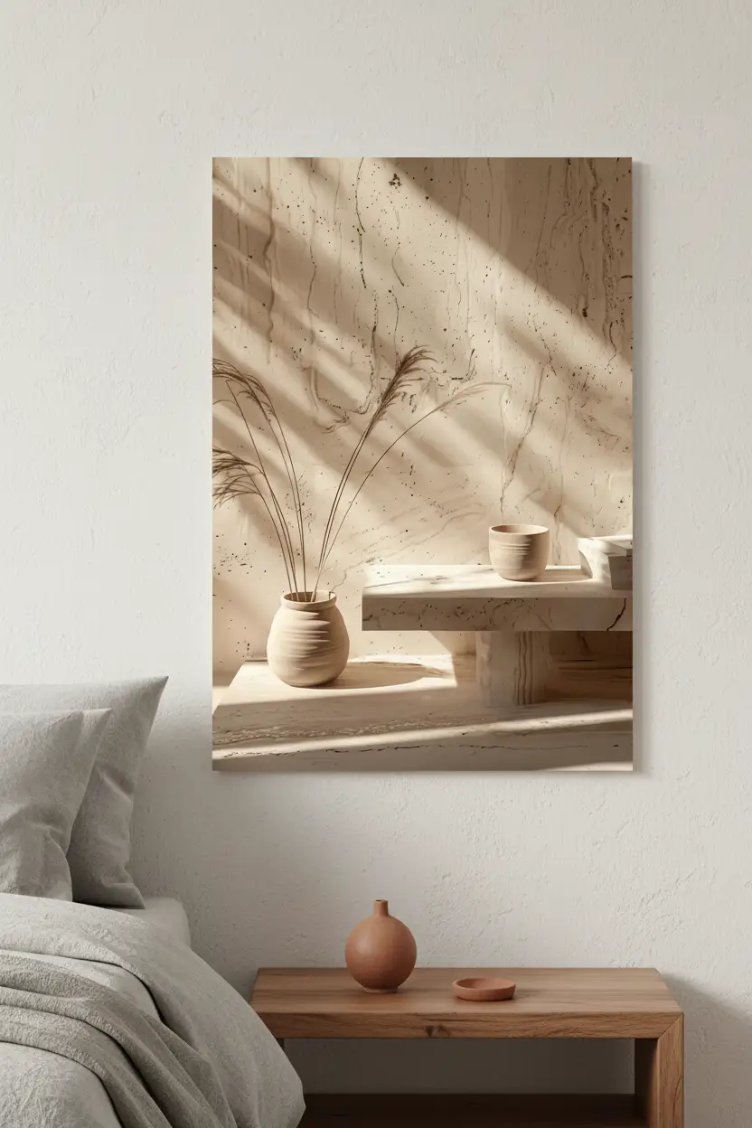 Le Vase et le Pampa — Affiche murale minimaliste céramique travertin pampa graphique minéral, affiche murale minimaliste avec cadre bois, décoration murale salon ou chambre, style méditerranéen