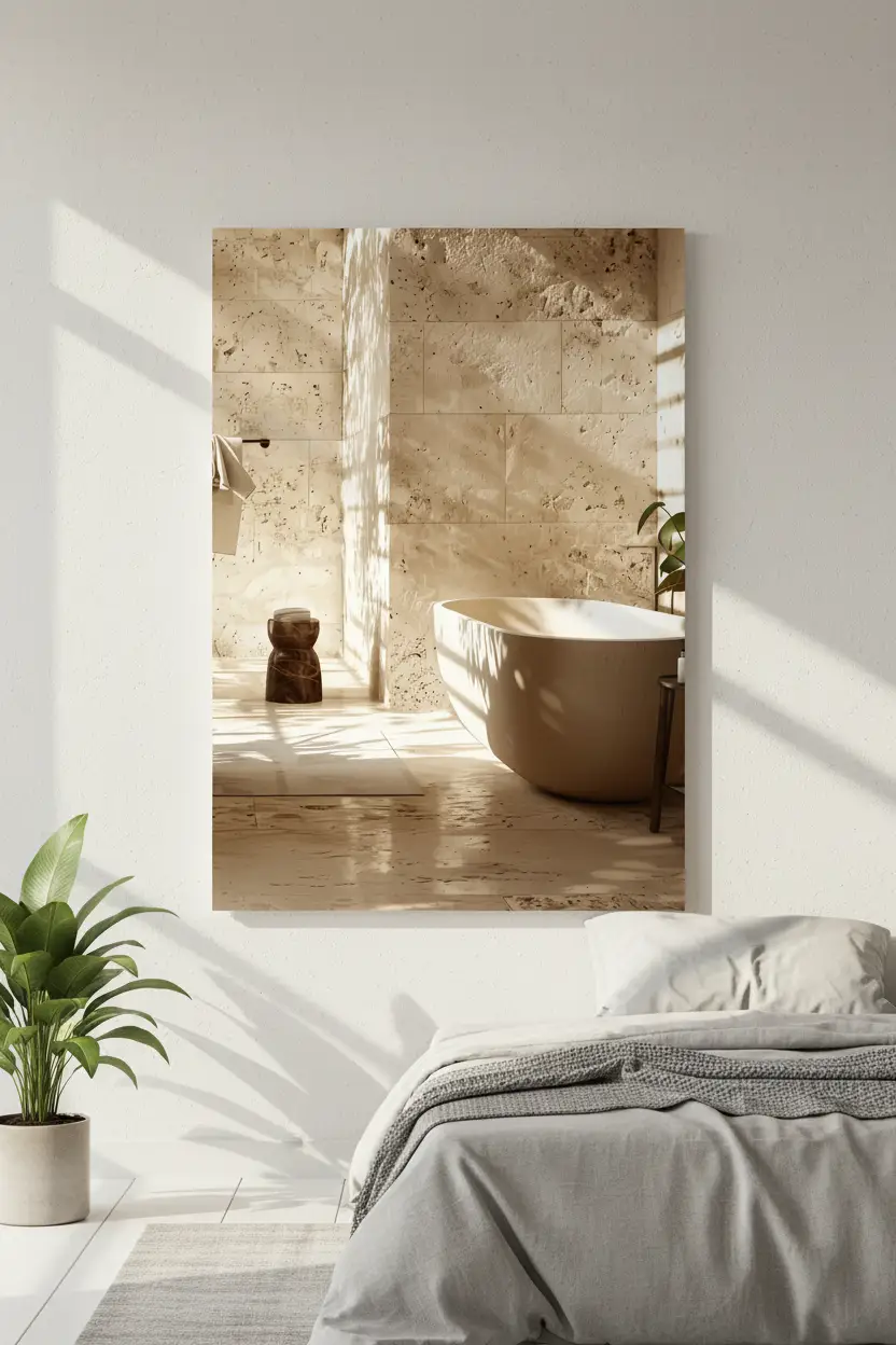 La Salle de Travertin — Affiche murale minimaliste salle de bain travertin brut baignoire îlot lumière architecture, affiche murale minimaliste avec cadre bois, décoration murale salon ou chambre, style méditerranéen