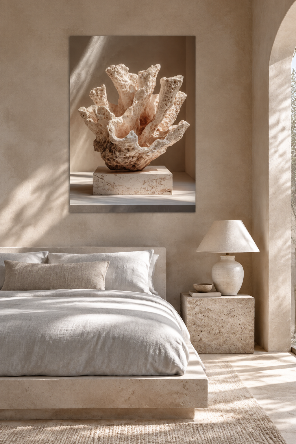 Poster Il Cespuglio di Sale — corallo bianco ramificato su un basamento di pietra grezza, sopra un letto in lino, in una camera chiara