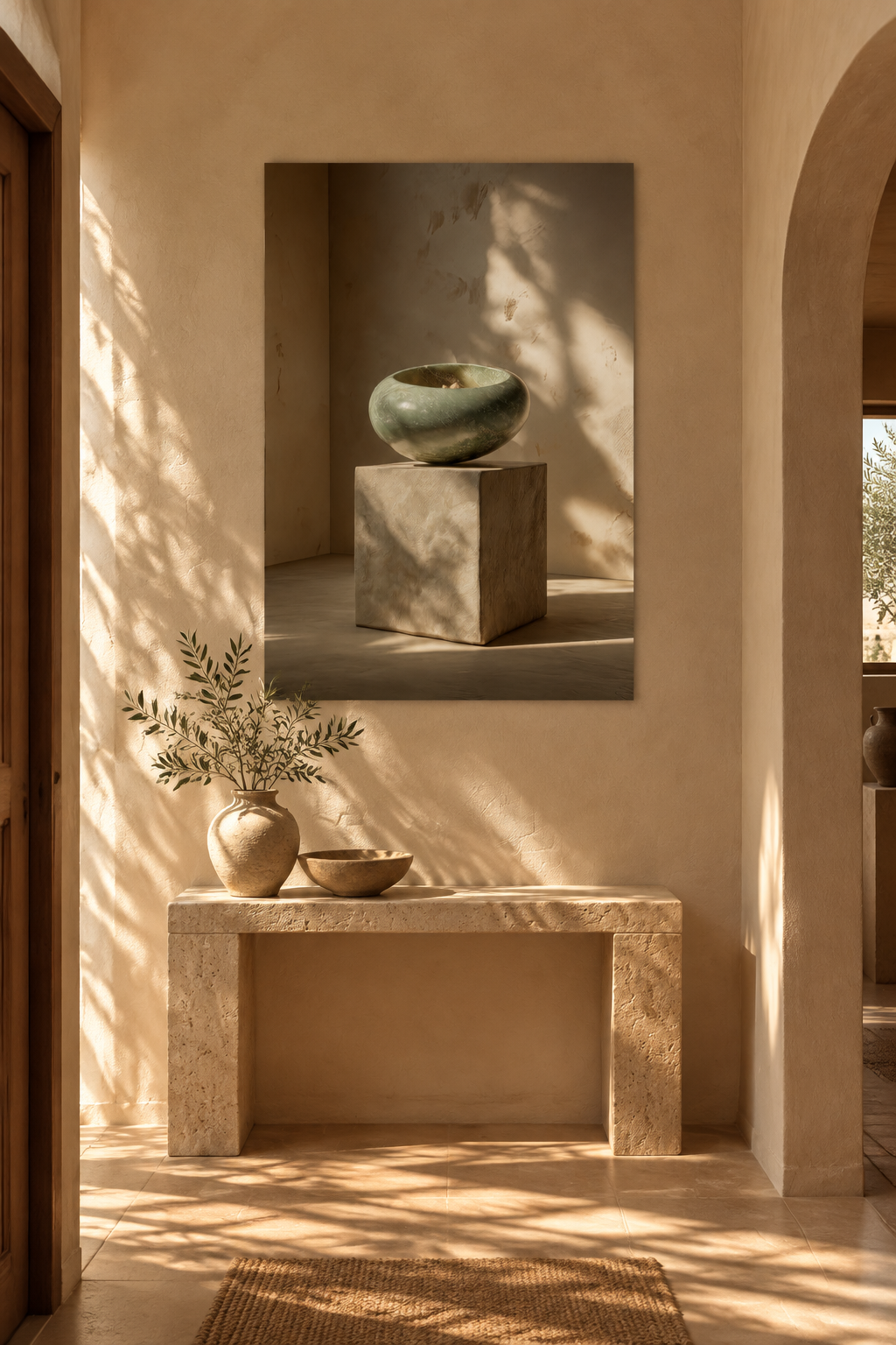 Poster La Giada e il Cubo — ciottolo verde giada in equilibrio su un cubo di pietra, in un ingresso, sopra una consolle di pietra