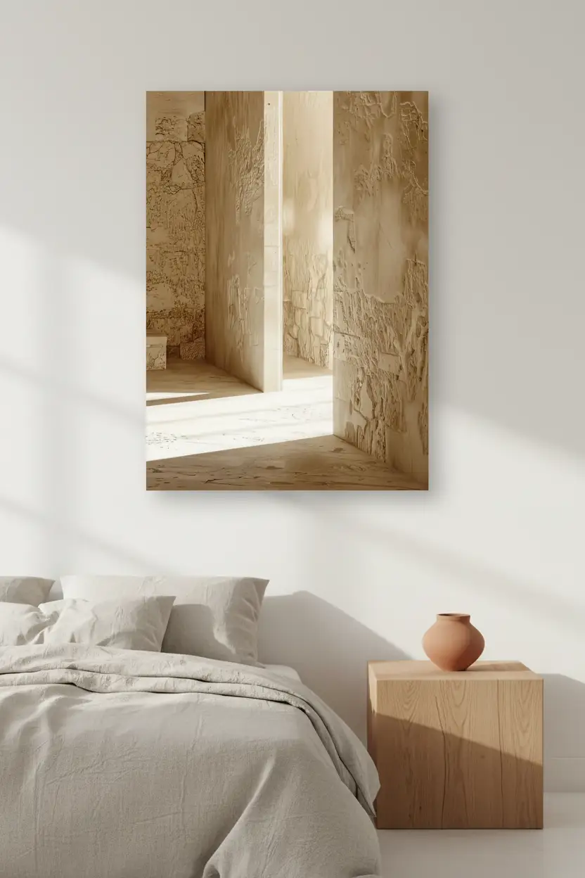 La Fente de Lumière — Affiche murale minimaliste pierre calcaire brute fente lumière architecture, affiche murale minimaliste avec cadre bois, décoration murale salon ou chambre, style méditerranéen
