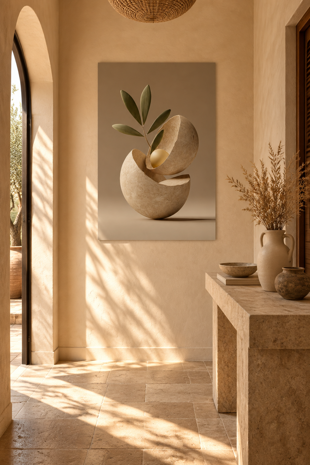 Poster The Opened Seed — opened stone seed with a single leaf, in an entryway, above a stone console