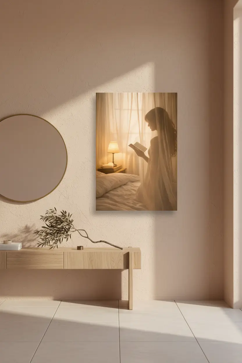 La Lectrice — Affiche murale minimaliste silhouette féminine lecture lumière dorée, affiche murale minimaliste avec cadre bois, décoration murale salon ou chambre, style méditerranéen