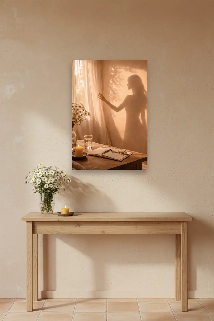 La Main sur le Voile — Affiche murale minimaliste silhouette féminine lumière dorée, affiche murale minimaliste avec cadre bois, décoration murale salon ou chambre, style méditerranéen