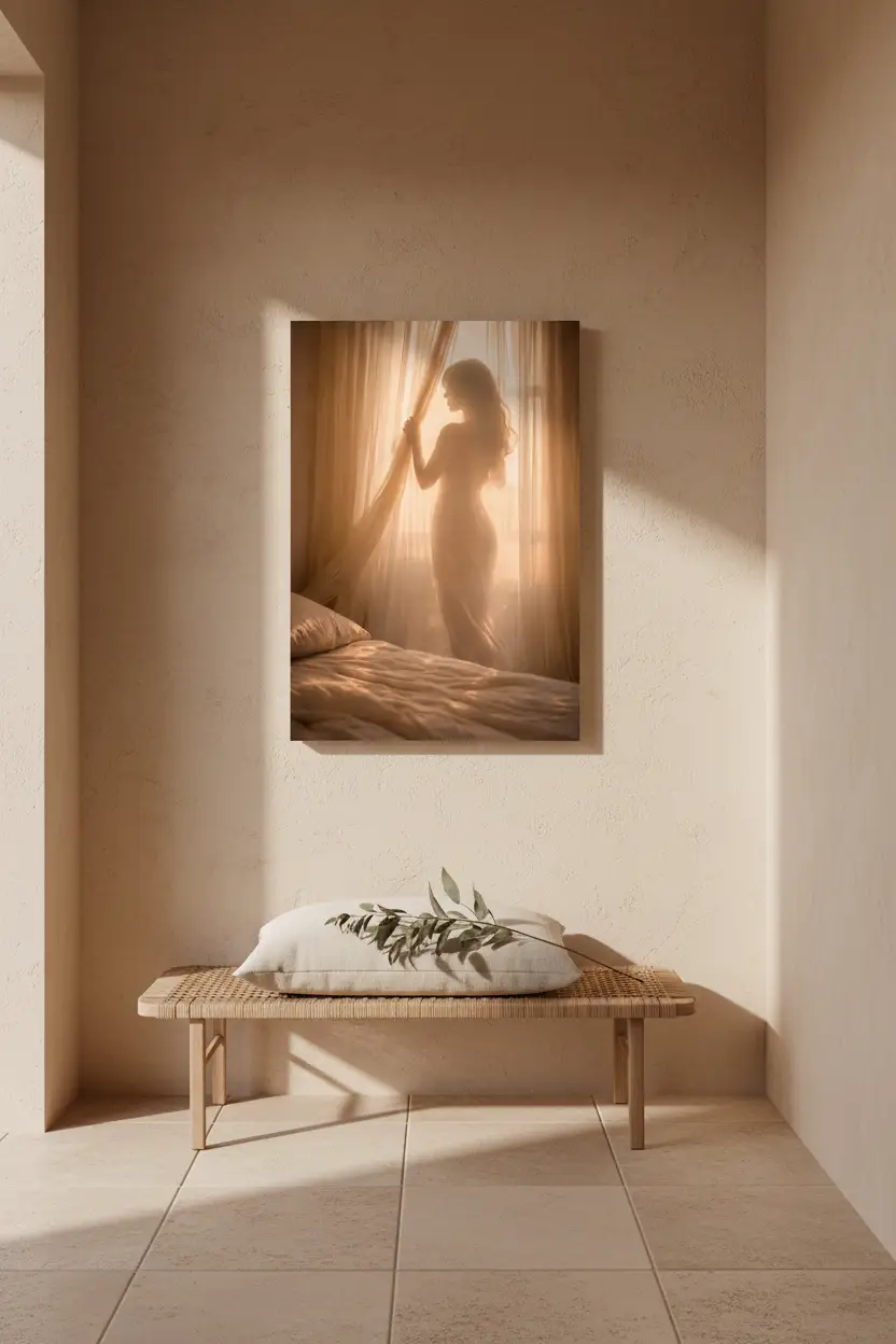 Le Réveil Doré — Affiche murale minimaliste silhouette féminine voilage lumière dorée, affiche murale minimaliste avec cadre bois, décoration murale salon ou chambre, style méditerranéen