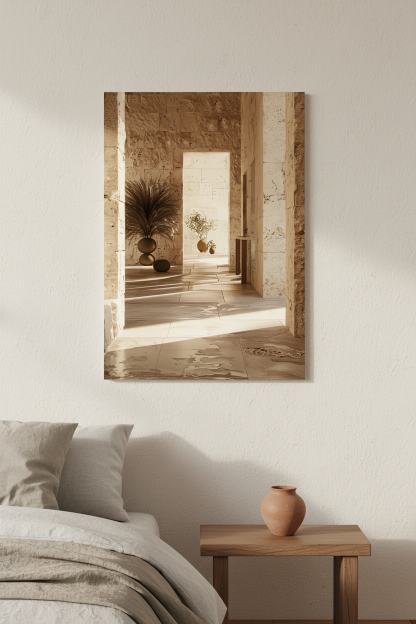 El Pasillo de los Jarrones — Póster de pared minimalista oro caliza pampa