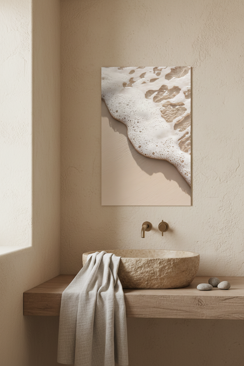 The Wave’s Edge poster in a Mediterranean entryway — sea foam on ivory sand