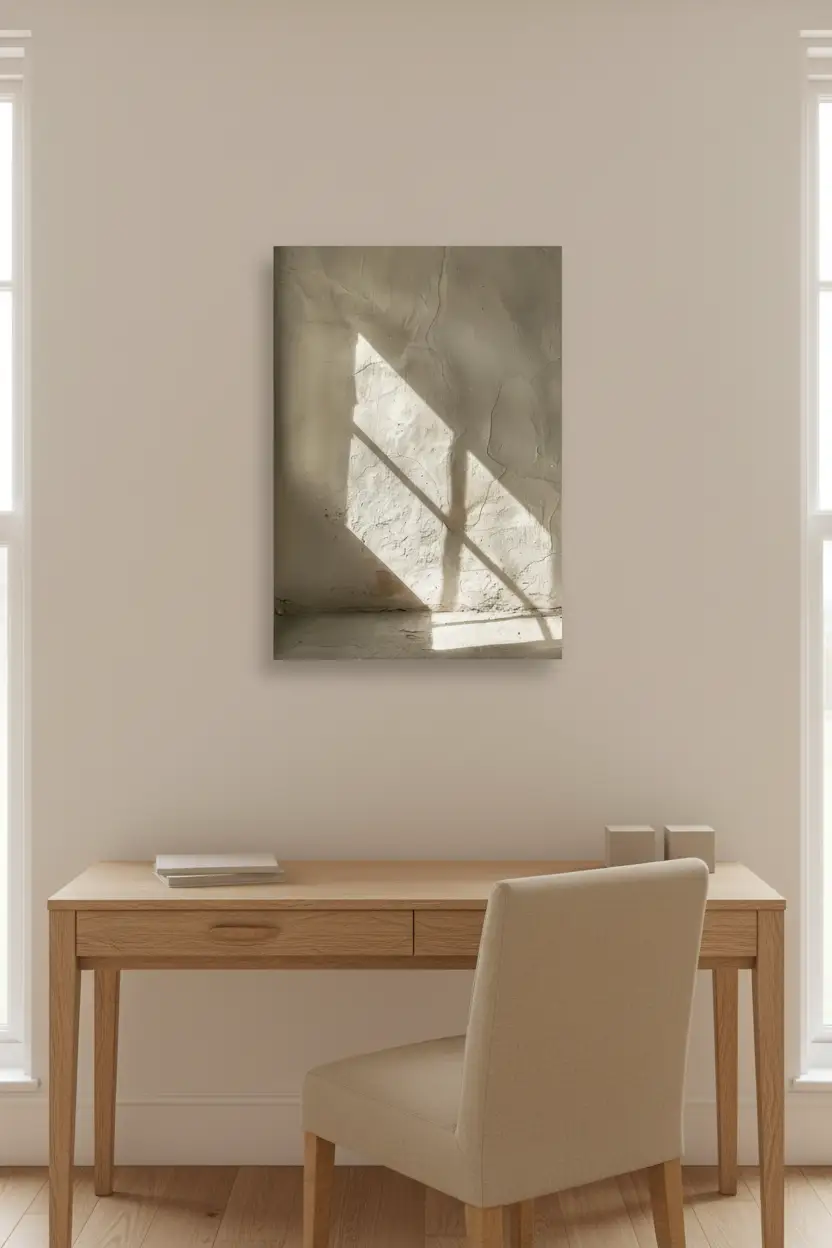 L'Ombre Diagonale — Affiche murale minimaliste ombre fenêtre mur enduit sable, affiche murale minimaliste avec cadre bois, décoration murale salon ou chambre, style méditerranéen