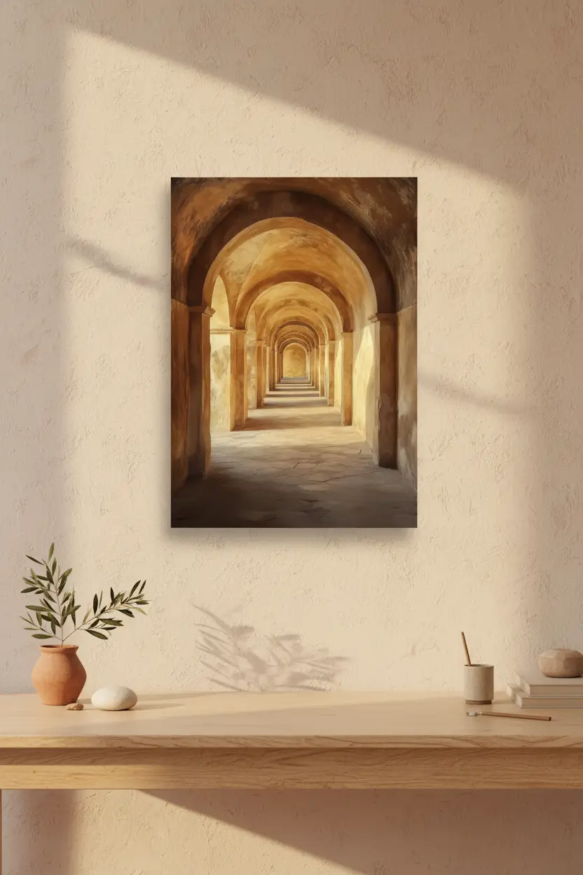 L’Arcade — Affiche murale minimaliste sable ocre arches romaines perspective — affiche murale minimaliste | Cassili-home