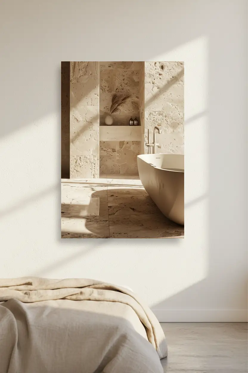 La Niche de Travertin — Affiche murale minimaliste salle de bain travertin brut niche pampa baignoire îlot lumière, affiche murale minimaliste avec cadre bois, décoration murale salon ou chambre, style méditerranéen