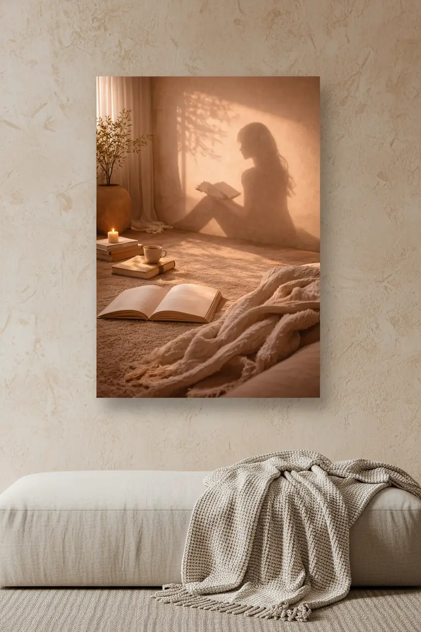 La Liseuse — Affiche murale minimaliste silhouette féminine lumière dorée, affiche murale minimaliste avec cadre bois, décoration murale salon ou chambre, style méditerranéen