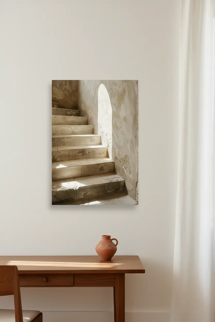 L’Arche de Pierre — Affiche murale minimaliste escalier pierre brute arche lumière architecture, affiche murale minimaliste avec cadre bois, décoration murale salon ou chambre, style méditerranéen