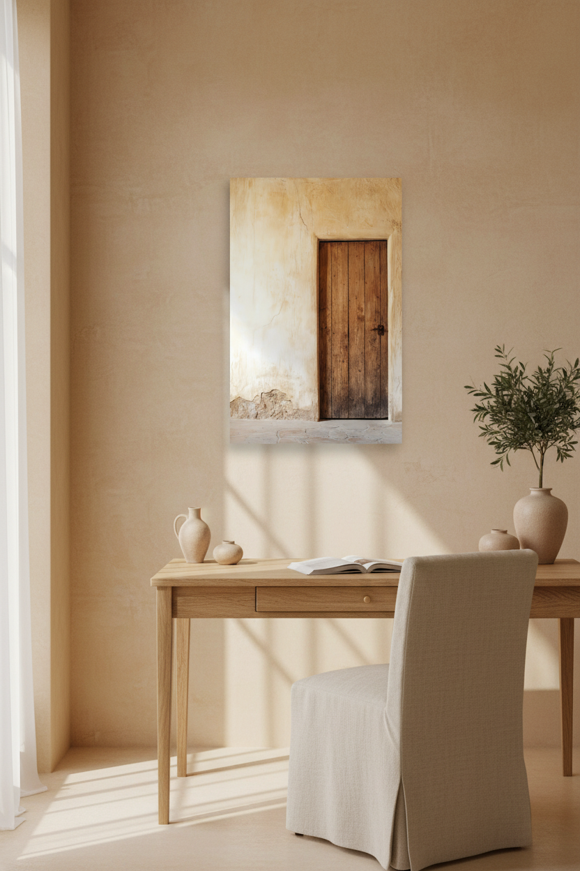 The Andalusian Door poster in a Mediterranean entryway — warm wood door and stone floor